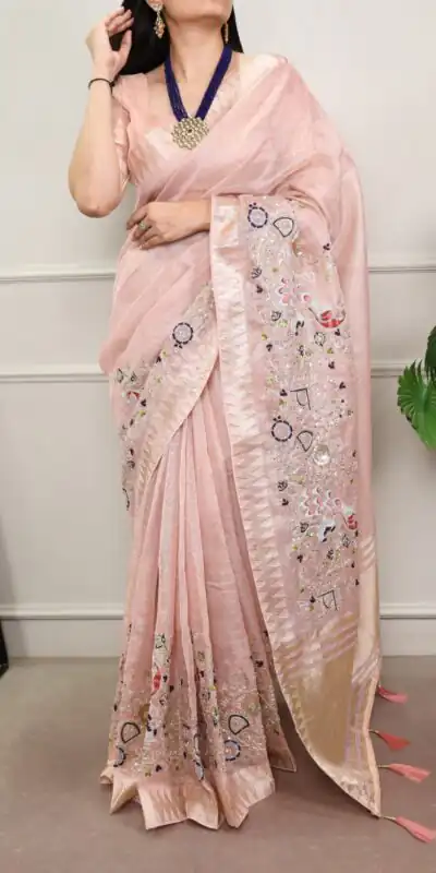 Peach Kota Tissue Zari Embroidery Work Saree