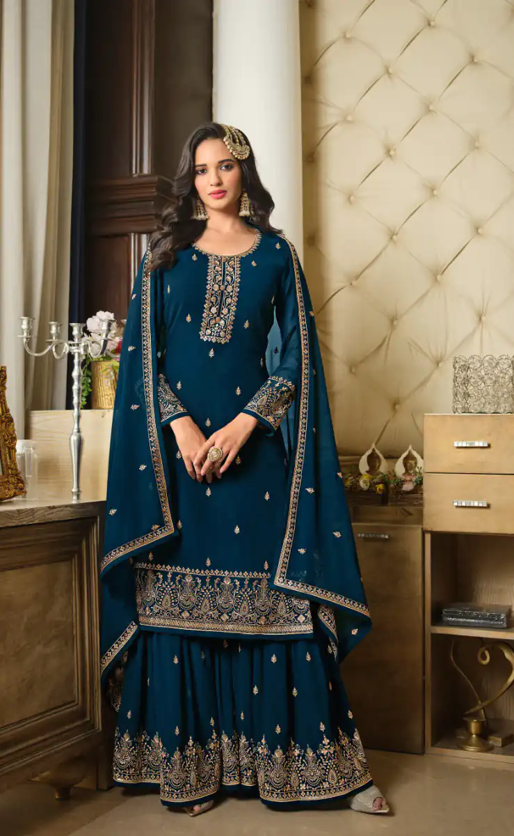 DS LT 8301 Peacock Blue color Georgette Embroidery Sequence Work Sharara Suit Wedding, Festive, Events Etc. Expected Delivery 4-6 Working Days @2149/- | Casual Suits, Jump Suits, Salwar suit, Creative suits, Designer Suits, Palazzo Suits, Party Wear Suits, Patiala Suits, Straight Suits