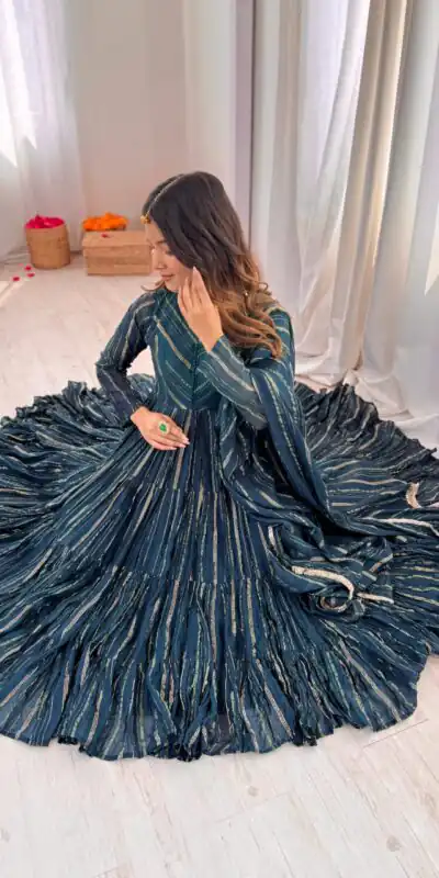 SRK 5305 Peacock Blue Color Mal Chanderi Gown with Mirror Work & Lace Work. Grab it for ₹2399. Delivery 4-6 Working Days. Shop now. | Gowns, Bollywood Gowns, Creative Gowns, Designer Gowns, Embroidered Gowns, Party Wear Gowns
