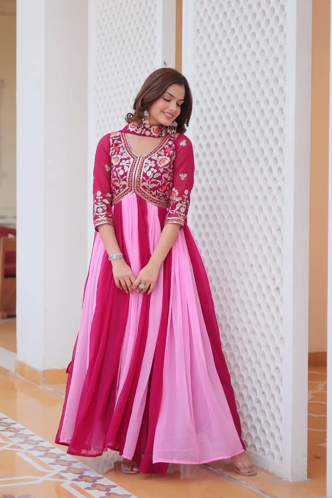 Ram 079 Pink Fox Georgette Gown Perfect for Wedding, Party, Eid, Temple Visit, Pongal – . Best Price ₹2049. Delivery 4-6 Working Days. Shop now. | Gowns, Bollywood Gowns, Creative Gowns, Designer Gowns, Embroidered Gowns, Party Wear Gowns
