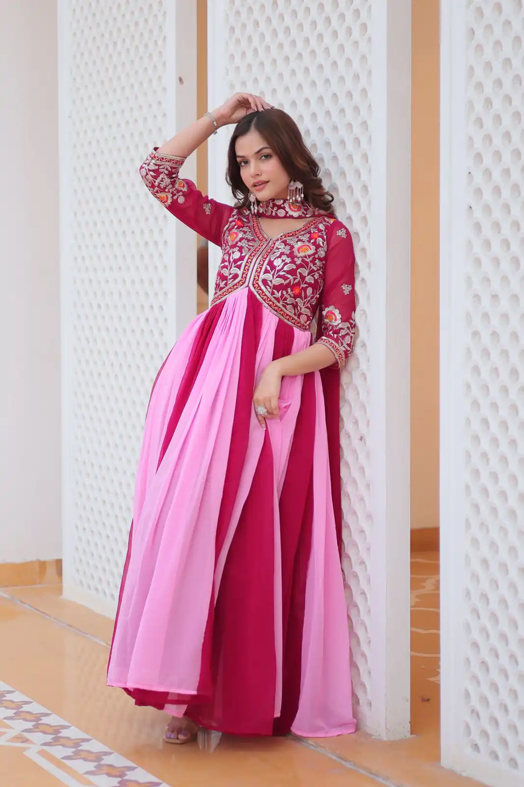 Ram 079 Pink Fox Georgette Gown Perfect for Wedding, Party, Eid, Temple Visit, Pongal – . Best Price ₹2049. Delivery 4-6 Working Days. Shop now. | Gowns, Bollywood Gowns, Creative Gowns, Designer Gowns, Embroidered Gowns, Party Wear Gowns