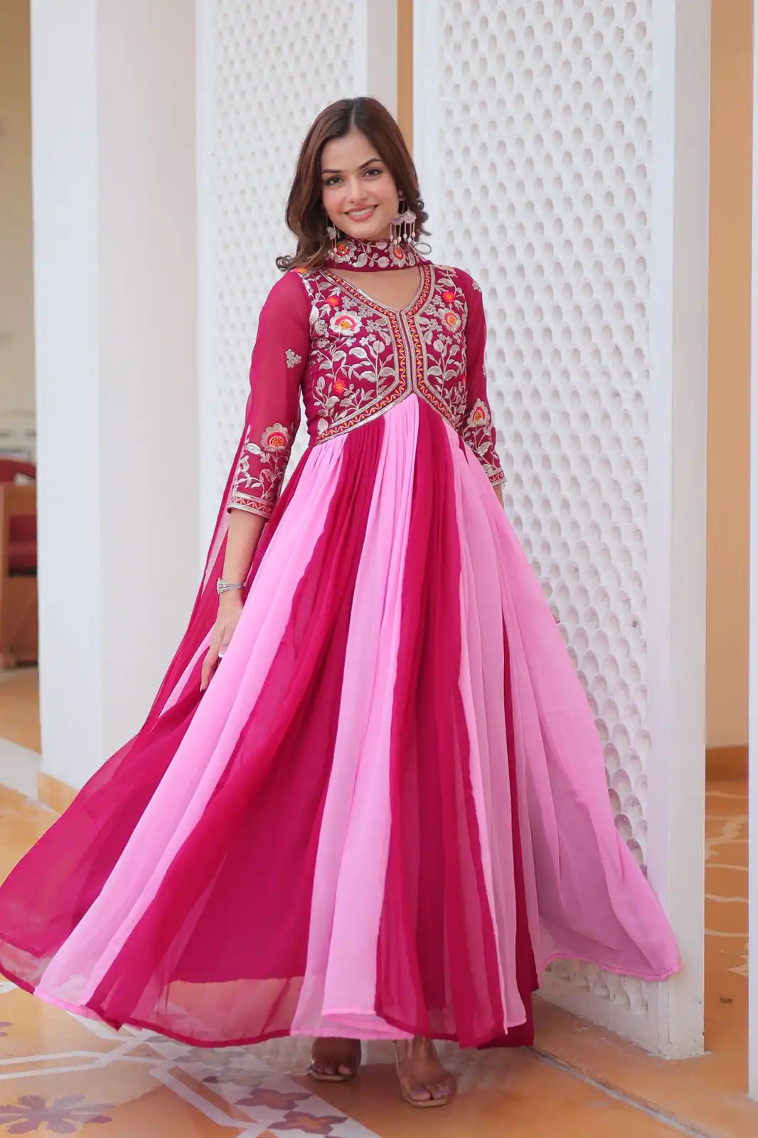 Ram 079 Pink Fox Georgette Gown Perfect for Wedding, Party, Eid, Temple Visit, Pongal – . Best Price ₹2049. Delivery 4-6 Working Days. Shop now. | Gowns, Bollywood Gowns, Creative Gowns, Designer Gowns, Embroidered Gowns, Party Wear Gowns
