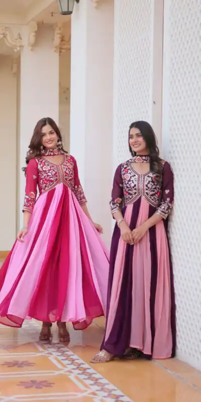 Ram 079 Pink Fox Georgette Gown Perfect for Wedding, Party, Eid, Temple Visit, Pongal – . Best Price ₹2049. Delivery 4-6 Working Days. Shop now. | Gowns, Bollywood Gowns, Creative Gowns, Designer Gowns, Embroidered Gowns, Party Wear Gowns