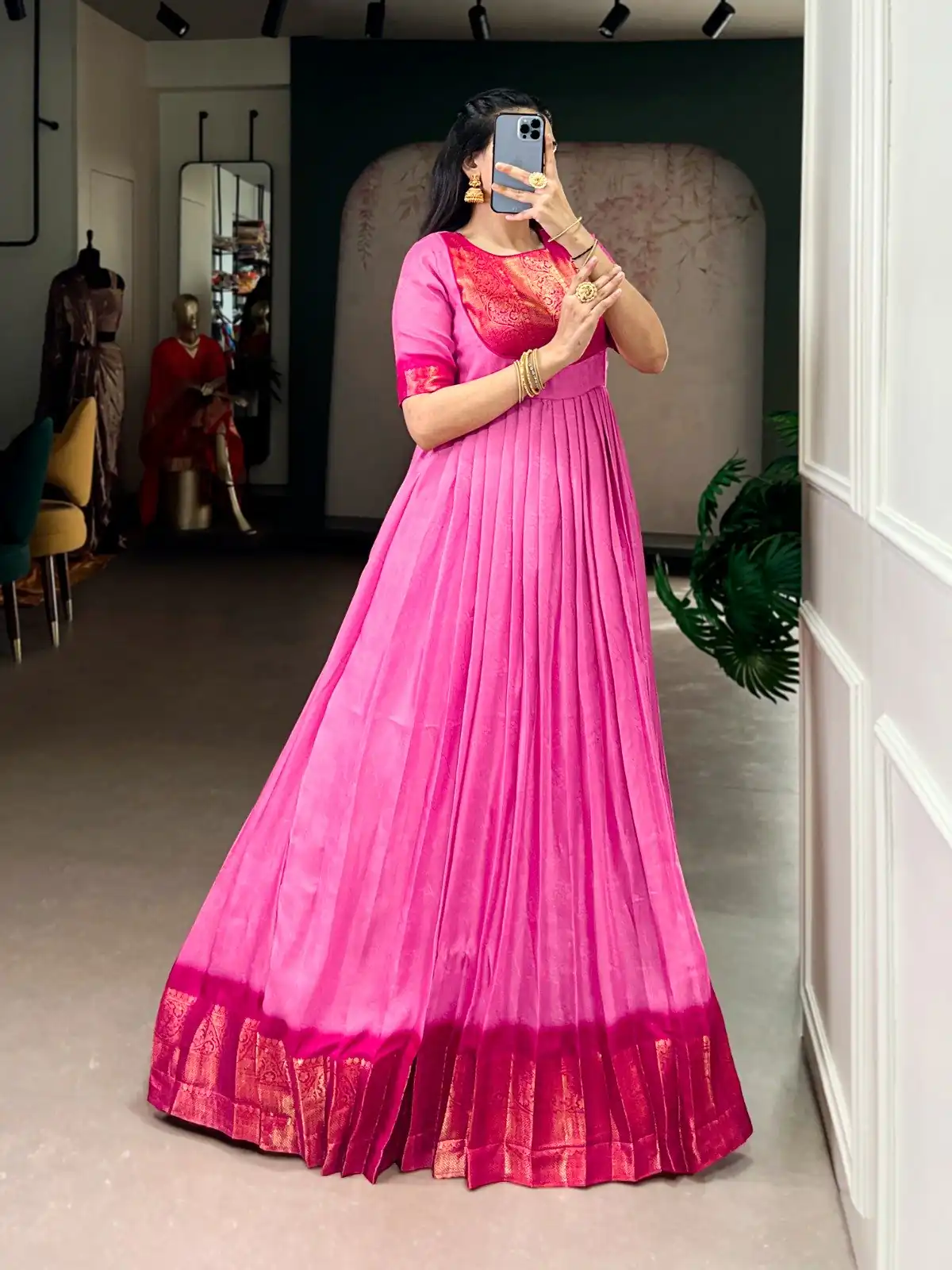 YNF 5012 Pink Mass Mello Gown with Zari Work. Available at ₹1799 only. Wedding, Party, Festive, Events Delivery 4-6 Working Days. Shop now. | Gowns, Bollywood Gowns, Creative Gowns, Designer Gowns, Embroidered Gowns, Party Wear Gowns