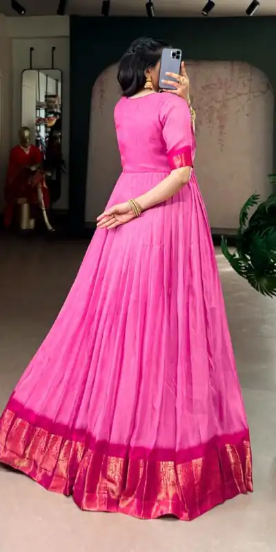YNF 5012 Pink Mass Mello Gown with Zari Work. Available at ₹1799 only. Wedding, Party, Festive, Events Delivery 4-6 Working Days. Shop now. | Gowns, Bollywood Gowns, Creative Gowns, Designer Gowns, Embroidered Gowns, Party Wear Gowns