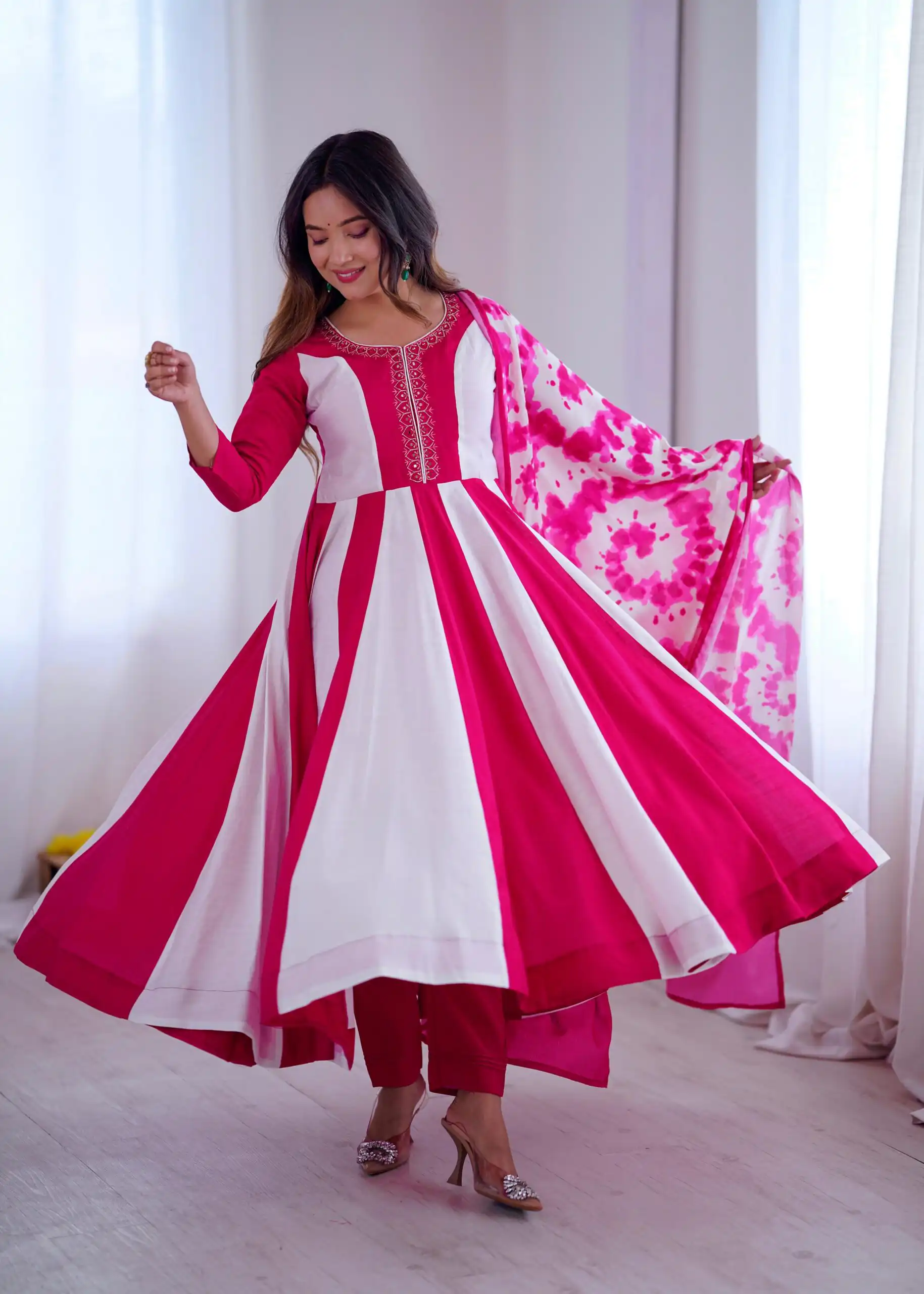 ZF 5014 Pink Roman Silk Gown with Embroidery Work & Digital Print . Exclusive Offer ₹2149. Delivery 4-6 Working Days. Shop now. | Gowns, Bollywood Gowns, Creative Gowns, Designer Gowns, Embroidered Gowns, Party Wear Gowns