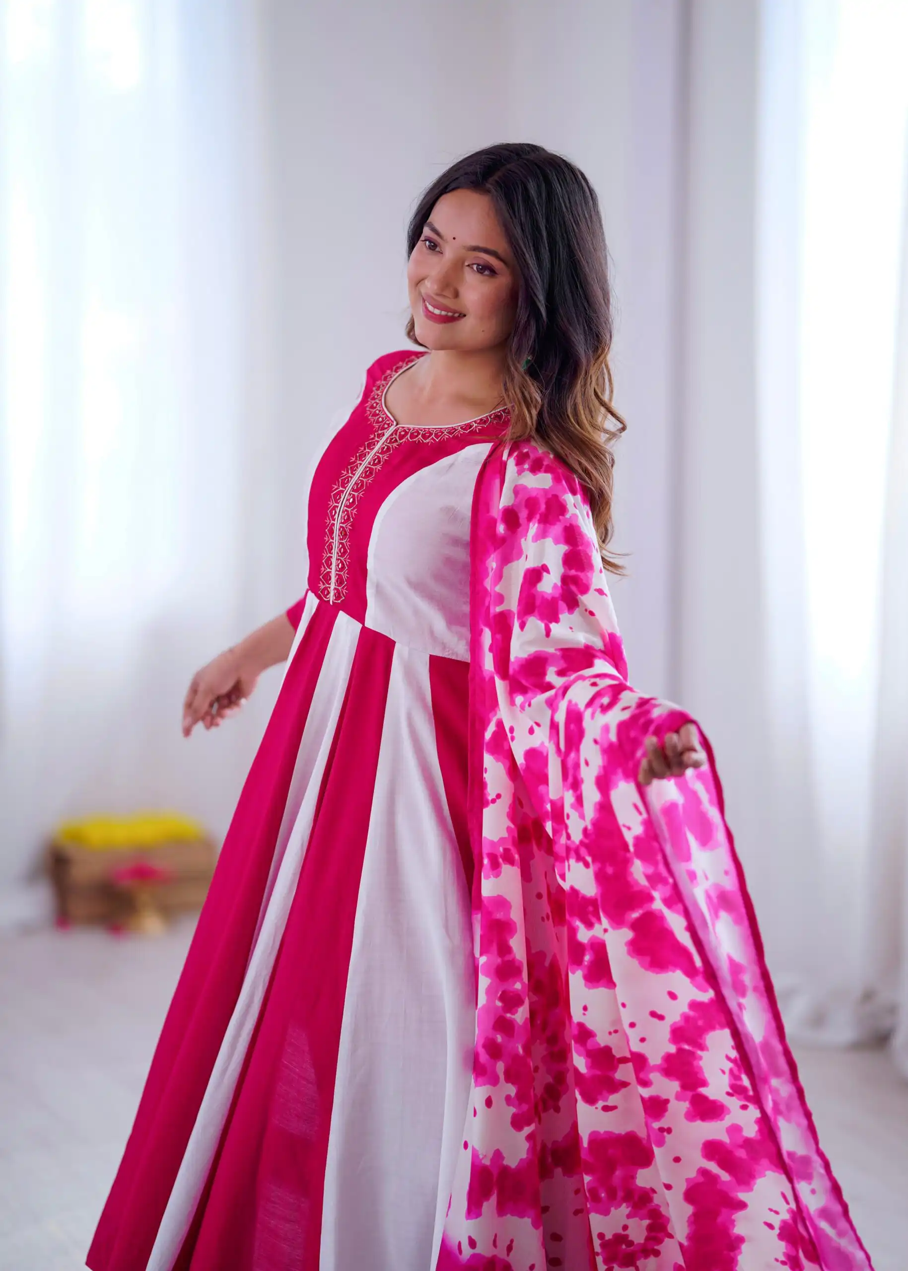 ZF 5014 Pink Roman Silk Gown with Embroidery Work & Digital Print . Exclusive Offer ₹2149. Delivery 4-6 Working Days. Shop now. | Gowns, Bollywood Gowns, Creative Gowns, Designer Gowns, Embroidered Gowns, Party Wear Gowns