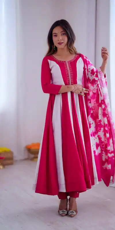 ZF 5014 Pink Roman Silk Gown with Embroidery Work & Digital Print . Exclusive Offer ₹2149. Delivery 4-6 Working Days. Shop now. | Gowns, Bollywood Gowns, Creative Gowns, Designer Gowns, Embroidered Gowns, Party Wear Gowns