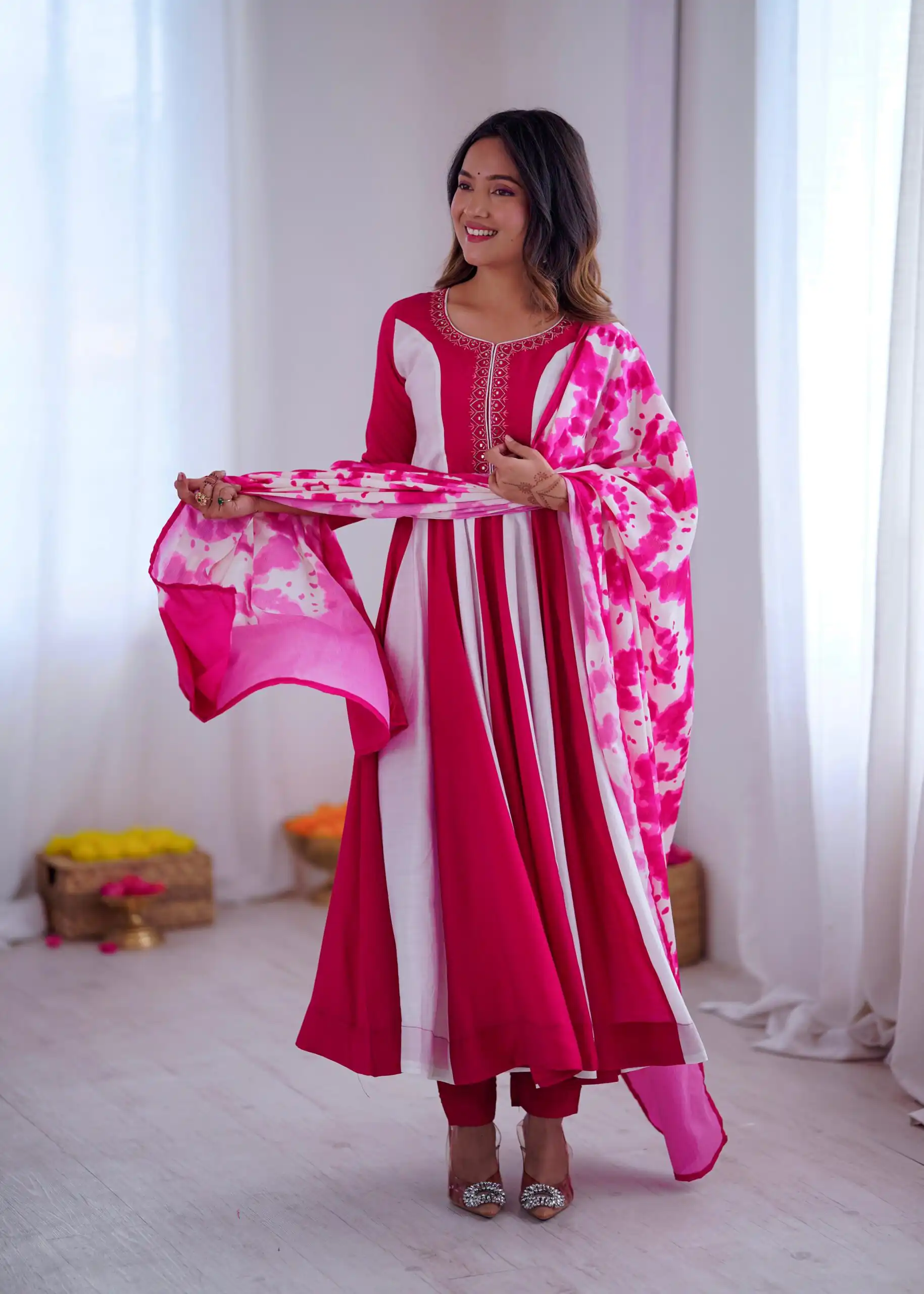 ZF 5014 Pink Roman Silk Gown with Embroidery Work & Digital Print . Exclusive Offer ₹2149. Delivery 4-6 Working Days. Shop now. | Gowns, Bollywood Gowns, Creative Gowns, Designer Gowns, Embroidered Gowns, Party Wear Gowns