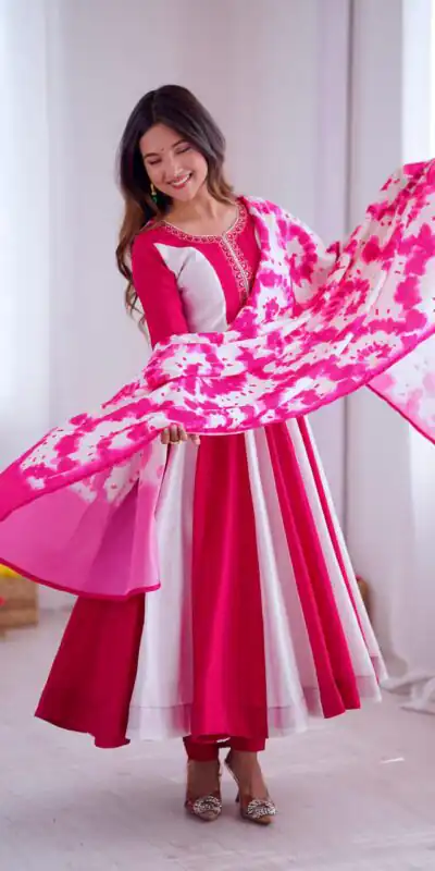 ZF 5014 Pink Roman Silk Gown with Embroidery Work & Digital Print . Exclusive Offer ₹2149. Delivery 4-6 Working Days. Shop now. | Gowns, Bollywood Gowns, Creative Gowns, Designer Gowns, Embroidered Gowns, Party Wear Gowns