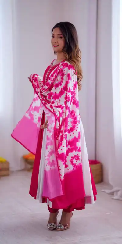 ZF 5014 Pink Roman Silk Gown with Embroidery Work & Digital Print . Exclusive Offer ₹2149. Delivery 4-6 Working Days. Shop now. | Gowns, Bollywood Gowns, Creative Gowns, Designer Gowns, Embroidered Gowns, Party Wear Gowns