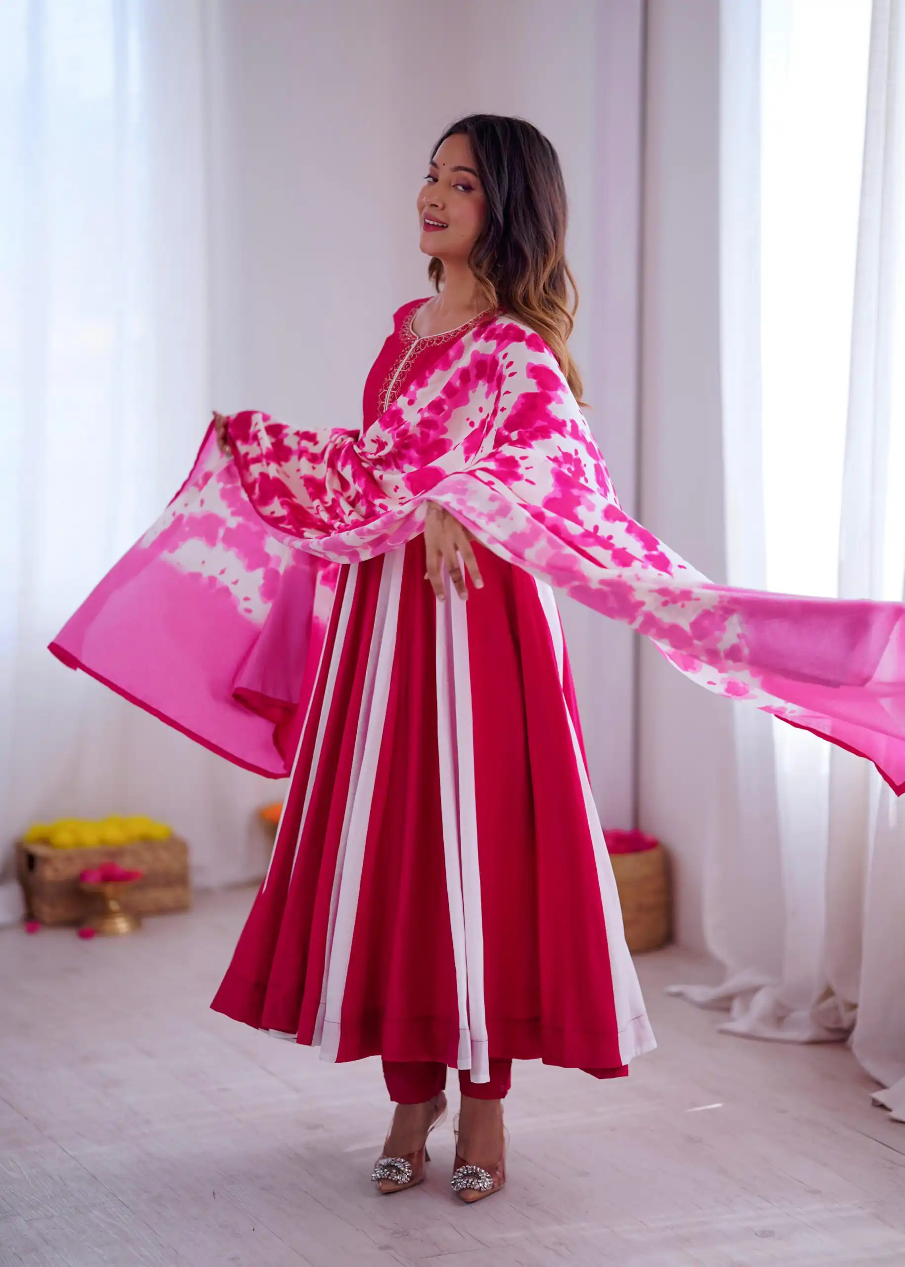 ZF 5014 Pink Roman Silk Gown with Embroidery Work & Digital Print . Exclusive Offer ₹2149. Delivery 4-6 Working Days. Shop now. | Gowns, Bollywood Gowns, Creative Gowns, Designer Gowns, Embroidered Gowns, Party Wear Gowns