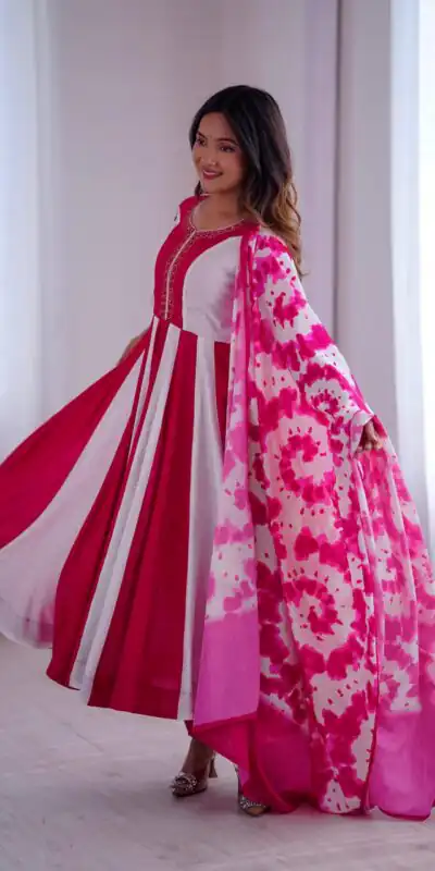 ZF 5014 Pink Roman Silk Gown with Embroidery Work & Digital Print . Exclusive Offer ₹2149. Delivery 4-6 Working Days. Shop now. | Gowns, Bollywood Gowns, Creative Gowns, Designer Gowns, Embroidered Gowns, Party Wear Gowns