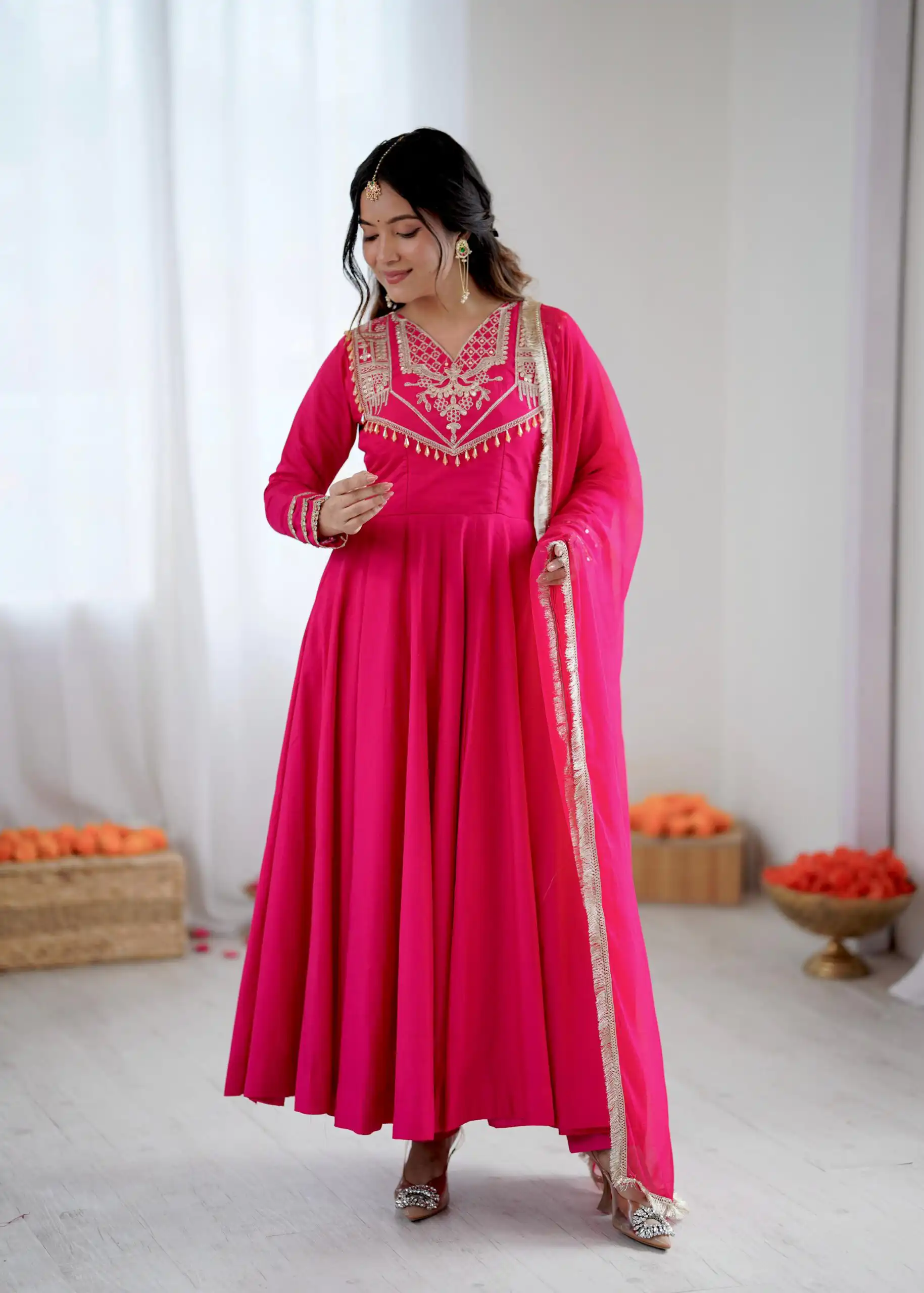 ZSR 3149 Pink Roman silk Gown Perfect for Wedding, Party, Sangeet, Haldi, Lohri – . Introductory Price ₹2099. Delivery 4-6 Working Days. Shop now. | Gowns, Bollywood Gowns, Creative Gowns, Designer Gowns, Embroidered Gowns, Party Wear Gowns
