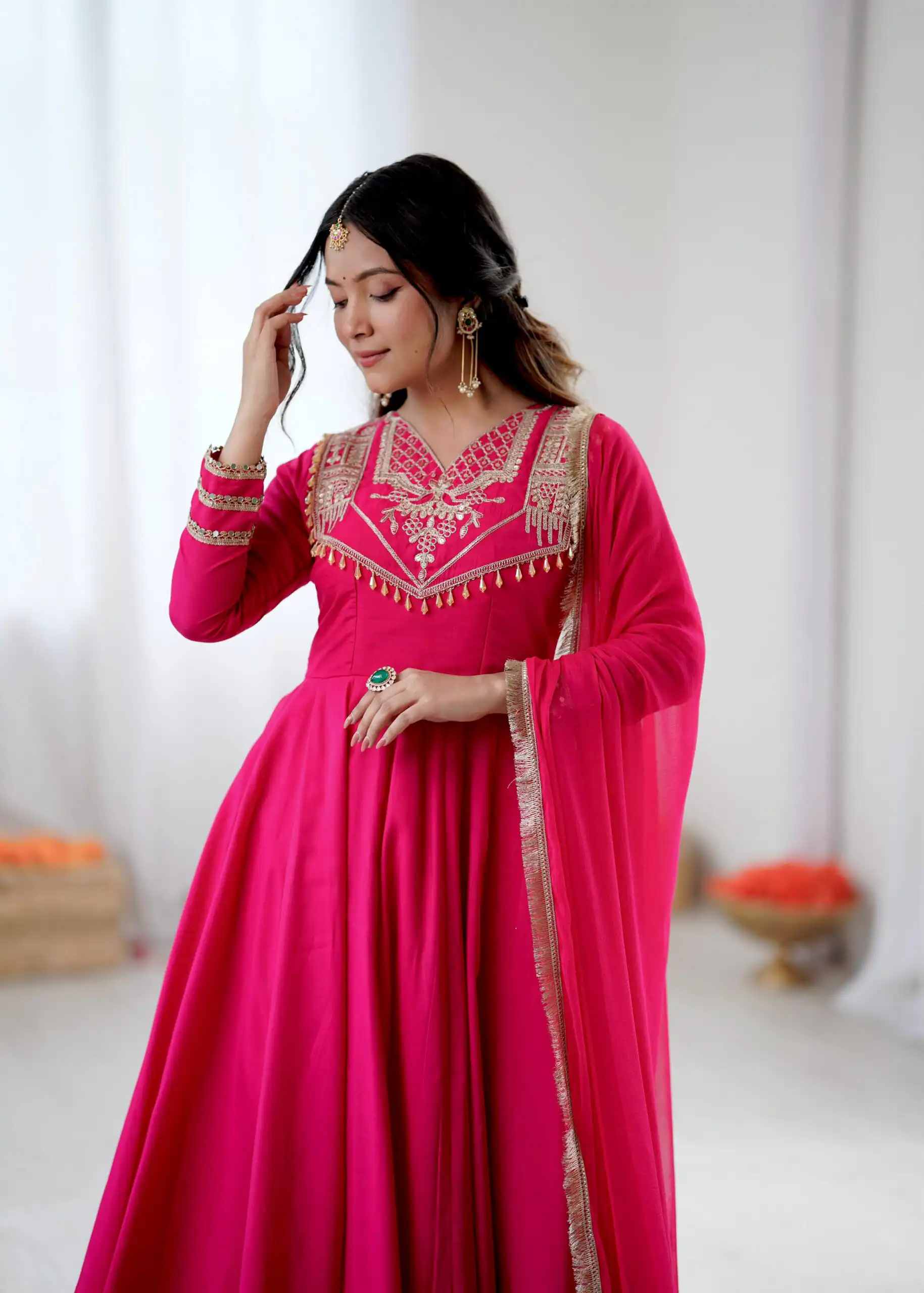 ZSR 3149 Pink Roman silk Gown Perfect for Wedding, Party, Sangeet, Haldi, Lohri – . Introductory Price ₹2099. Delivery 4-6 Working Days. Shop now. | Gowns, Bollywood Gowns, Creative Gowns, Designer Gowns, Embroidered Gowns, Party Wear Gowns