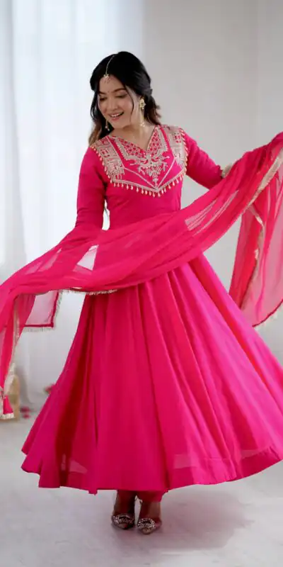 ZSR 3149 Pink Roman silk Gown Perfect for Wedding, Party, Sangeet, Haldi, Lohri – . Introductory Price ₹2099. Delivery 4-6 Working Days. Shop now. | Gowns, Bollywood Gowns, Creative Gowns, Designer Gowns, Embroidered Gowns, Party Wear Gowns
