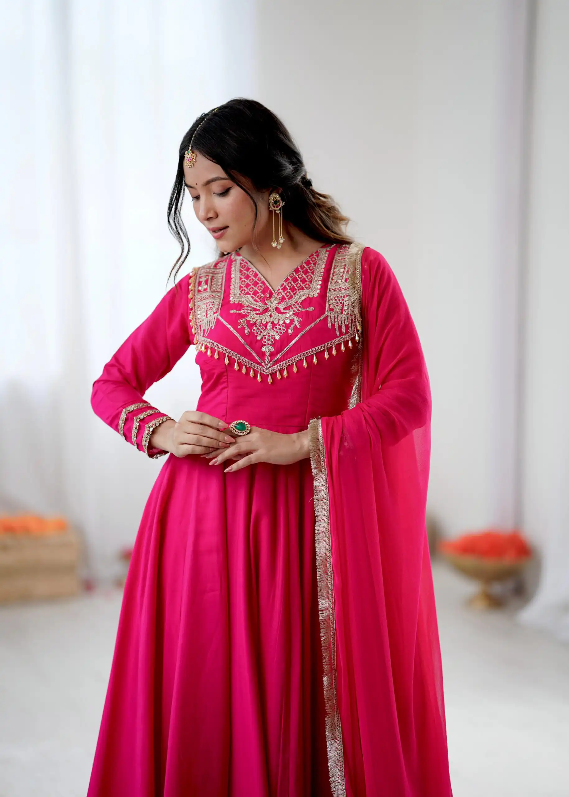 ZSR 3149 Pink Roman silk Gown Perfect for Wedding, Party, Sangeet, Haldi, Lohri – . Introductory Price ₹2099. Delivery 4-6 Working Days. Shop now. | Gowns, Bollywood Gowns, Creative Gowns, Designer Gowns, Embroidered Gowns, Party Wear Gowns