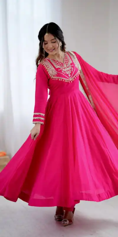 ZSR 3149 Pink Roman silk Gown Perfect for Wedding, Party, Sangeet, Haldi, Lohri – . Introductory Price ₹2099. Delivery 4-6 Working Days. Shop now. | Gowns, Bollywood Gowns, Creative Gowns, Designer Gowns, Embroidered Gowns, Party Wear Gowns