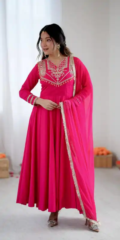 ZSR 3149 Pink Roman silk Gown Perfect for Wedding, Party, Sangeet, Haldi, Lohri – . Introductory Price ₹2099. Delivery 4-6 Working Days. Shop now. | Gowns, Bollywood Gowns, Creative Gowns, Designer Gowns, Embroidered Gowns, Party Wear Gowns