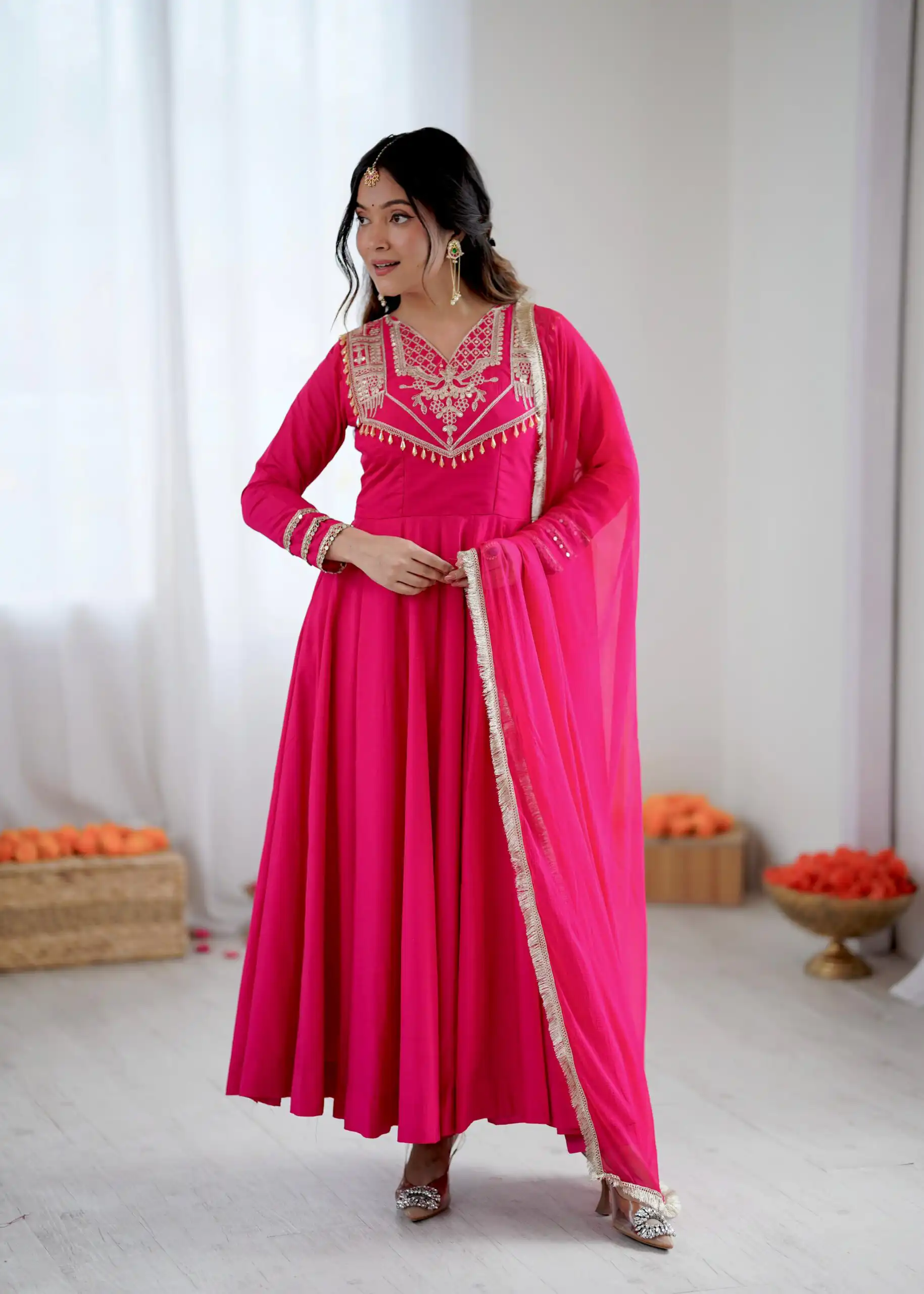 ZSR 3149 Pink Roman silk Gown Perfect for Wedding, Party, Sangeet, Haldi, Lohri – . Introductory Price ₹2099. Delivery 4-6 Working Days. Shop now. | Gowns, Bollywood Gowns, Creative Gowns, Designer Gowns, Embroidered Gowns, Party Wear Gowns