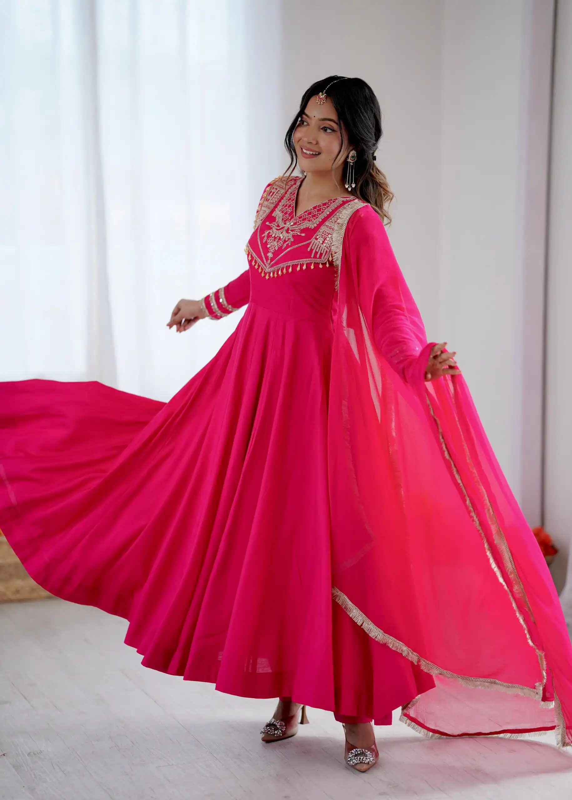 ZSR 3149 Pink Roman silk Gown Perfect for Wedding, Party, Sangeet, Haldi, Lohri – . Introductory Price ₹2099. Delivery 4-6 Working Days. Shop now. | Gowns, Bollywood Gowns, Creative Gowns, Designer Gowns, Embroidered Gowns, Party Wear Gowns