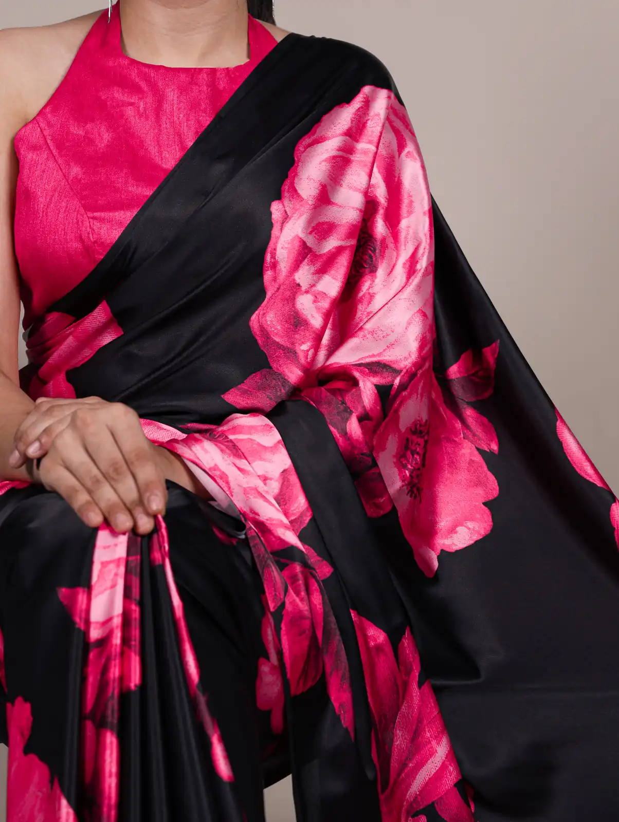 Pink Satin Silk Floral Print Saree - Image 2