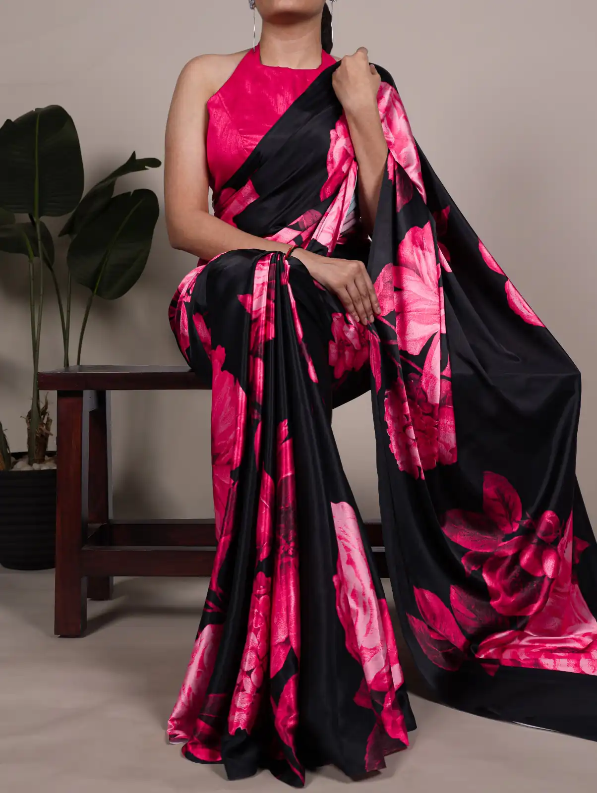Pink Satin Silk Floral Print Saree