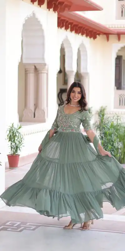 KA 1213 Pista Faux Blooming Gown with Embroidery Work & Sequins Work. Best Price ₹2449. Delivery 4-6 Working Days. Shop now. | Gowns, Bollywood Gowns, Creative Gowns, Designer Gowns, Embroidered Gowns, Party Wear Gowns