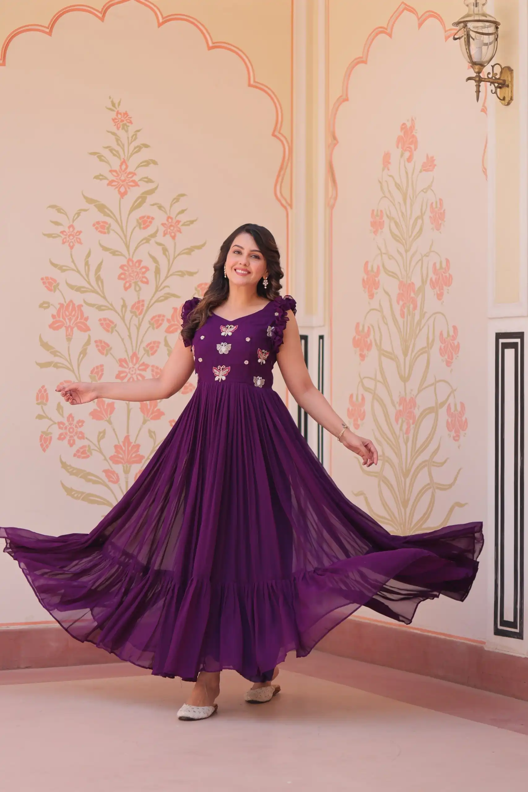 KA 1174 Purple Faux Blooming Gown Perfect for Wedding, Party, Housewarming, Baby Shower, Raksha Bandhan – . Now at just ₹1699. Delivery 4-6 Working Dasy | Gowns, Bollywood Gowns, Creative Gowns, Designer Gowns, Embroidered Gowns, Party Wear Gowns
