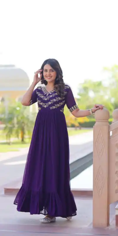 KA 1172 Purple in Faux Blooming Embroidery Work & Sequins Work Gown . Affordable Price ₹1749. Delivery 4-6 Working Days. Shop now. | Gowns, Bollywood Gowns, Creative Gowns, Designer Gowns, Embroidered Gowns, Party Wear Gowns
