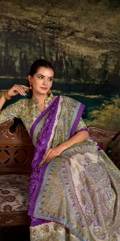YNF 7209 purple Color Green Silk Fusion Print Madhubani Bandhej Saree Casual, Wedding, Festive, Events . Expected Delivery  4-6 Working Days @1499/- only                                                                                | Sarees, Bollywood Sarees, Creative Sarees, Designer Sarees, Embroidered Sarees, Ethnic Saree, Modern Digital sarees, Party Wear Sarees