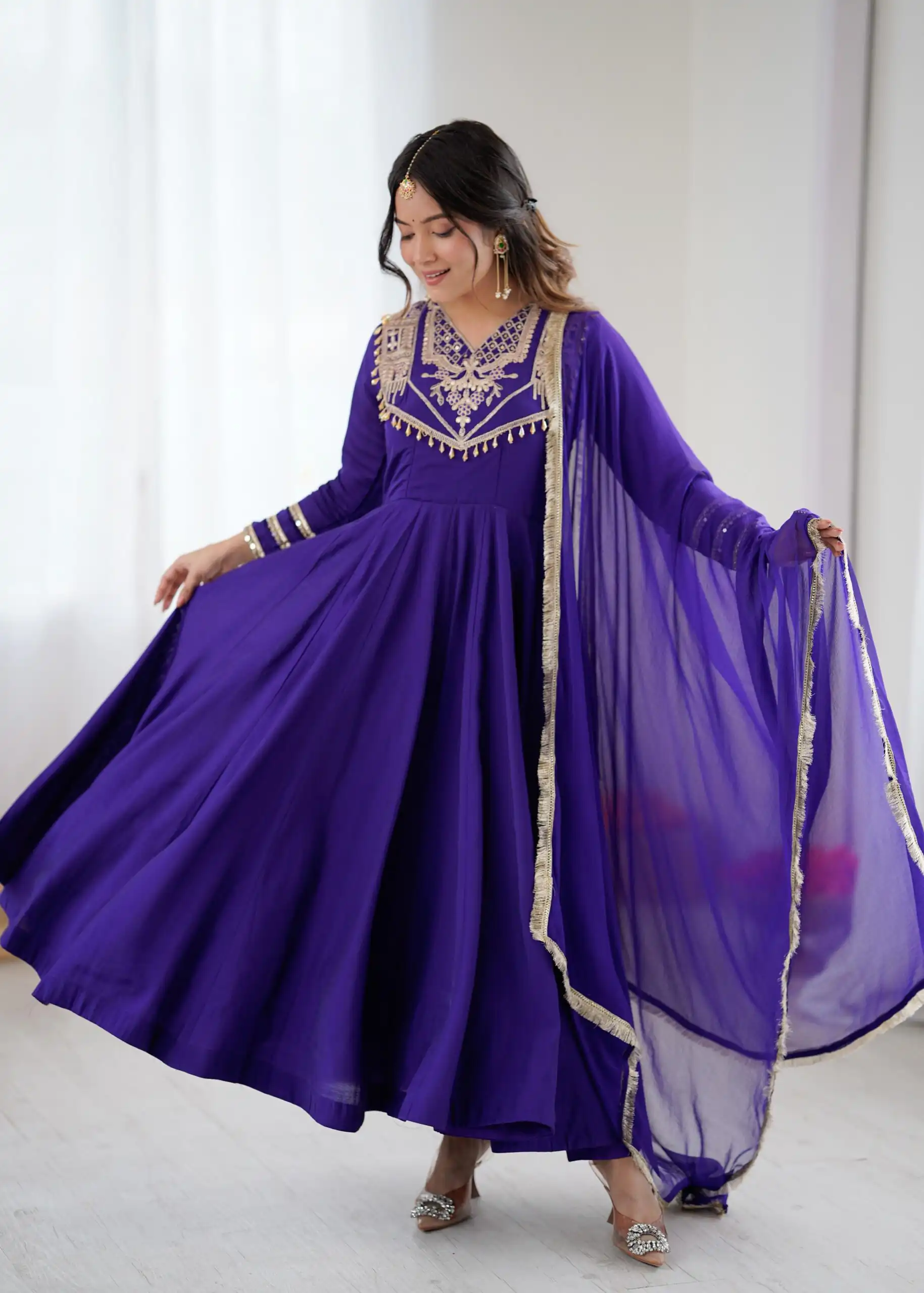 ZSR 3149 Purple Roman silk Gown Perfect for Wedding, Party, Sangeet, Haldi, Lohri – . Introductory Price ₹2099. Delivery 4-6 Working Days. Shop now. | Gowns, Bollywood Gowns, Creative Gowns, Designer Gowns, Embroidered Gowns, Party Wear Gowns