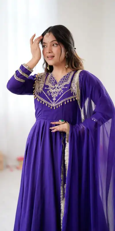 ZSR 3149 Purple Roman silk Gown Perfect for Wedding, Party, Sangeet, Haldi, Lohri – . Introductory Price ₹2099. Delivery 4-6 Working Days. Shop now. | Gowns, Bollywood Gowns, Creative Gowns, Designer Gowns, Embroidered Gowns, Party Wear Gowns
