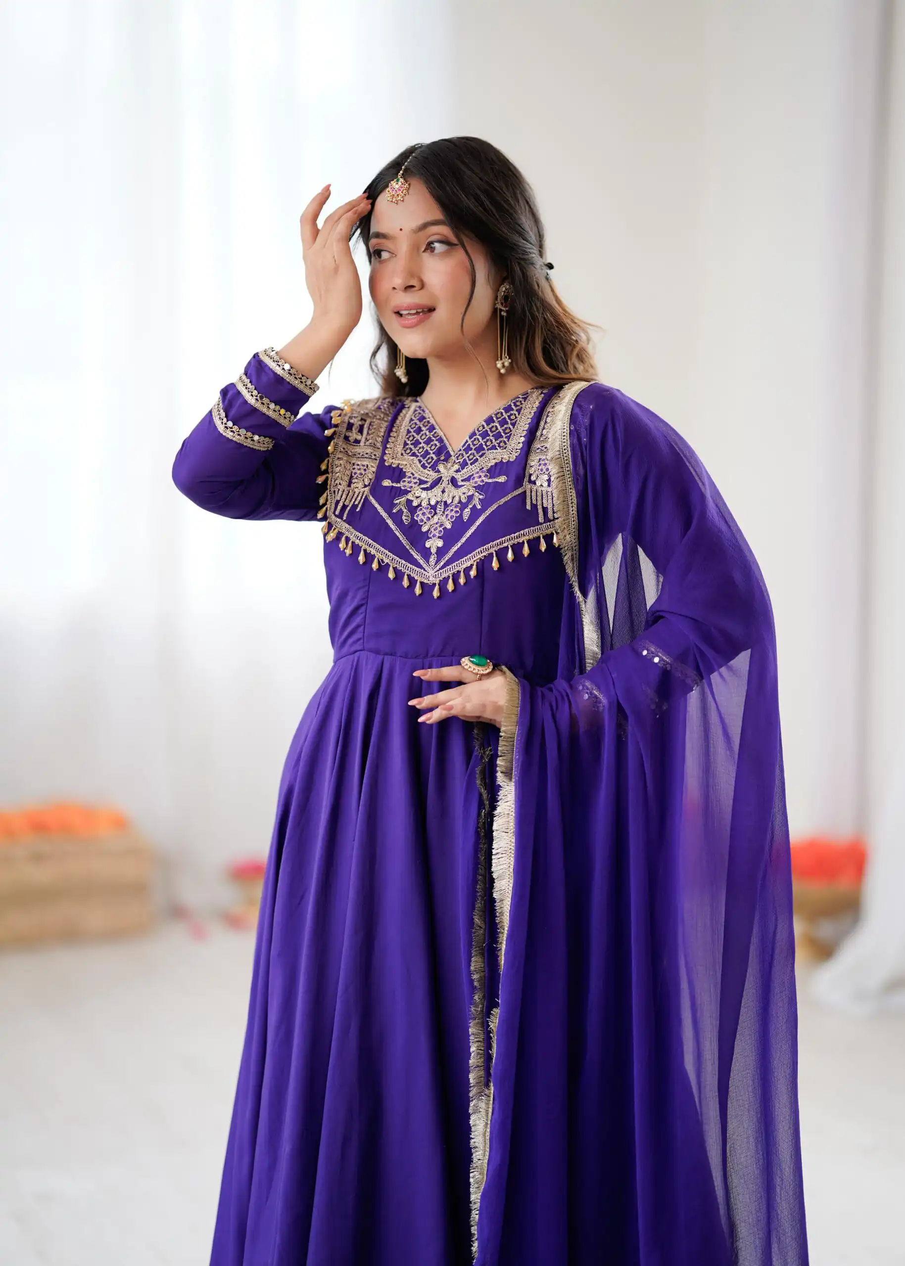 ZSR 3149 Purple Roman silk Gown Perfect for Wedding, Party, Sangeet, Haldi, Lohri – . Introductory Price ₹2099. Delivery 4-6 Working Days. Shop now. | Gowns, Bollywood Gowns, Creative Gowns, Designer Gowns, Embroidered Gowns, Party Wear Gowns