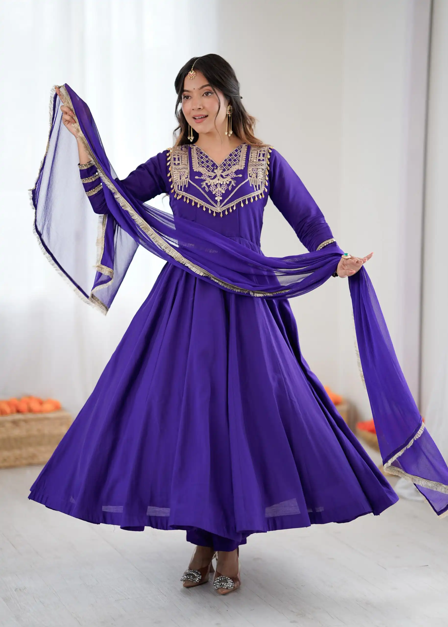 ZSR 3149 Purple Roman silk Gown Perfect for Wedding, Party, Sangeet, Haldi, Lohri – . Introductory Price ₹2099. Delivery 4-6 Working Days. Shop now. | Gowns, Bollywood Gowns, Creative Gowns, Designer Gowns, Embroidered Gowns, Party Wear Gowns