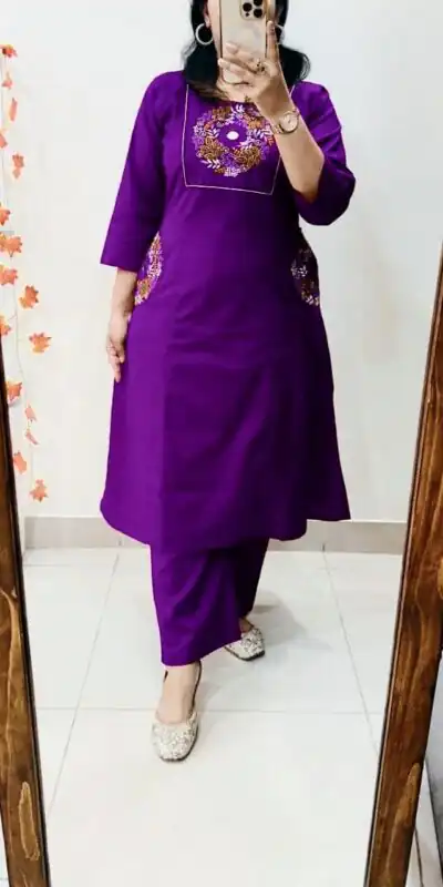 MF 1114 Purple Soft Cotton Slub Kurti with Embroidery Work. Wedding, Party, Festive, Events, Grab it for ₹1549. Delivery 4-6 Working Days. Shop now. | Kurti, Bollywood Kurti, Creative Kurtis, Designer Kurti, Party Wear Kurti, Selfie Kurti