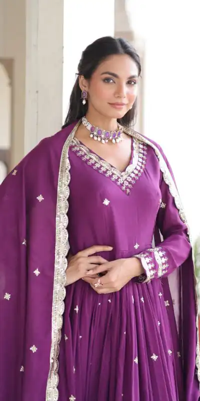 KA 1214 Purple Vichitra Silk Gown Perfect for Wedding, Party, Lohri, Onam, Festival Celebrations – . Grab it for ₹2449. Delivery 4-6 Working Days. | Gowns, Bollywood Gowns, Creative Gowns, Designer Gowns, Embroidered Gowns, Party Wear Gowns