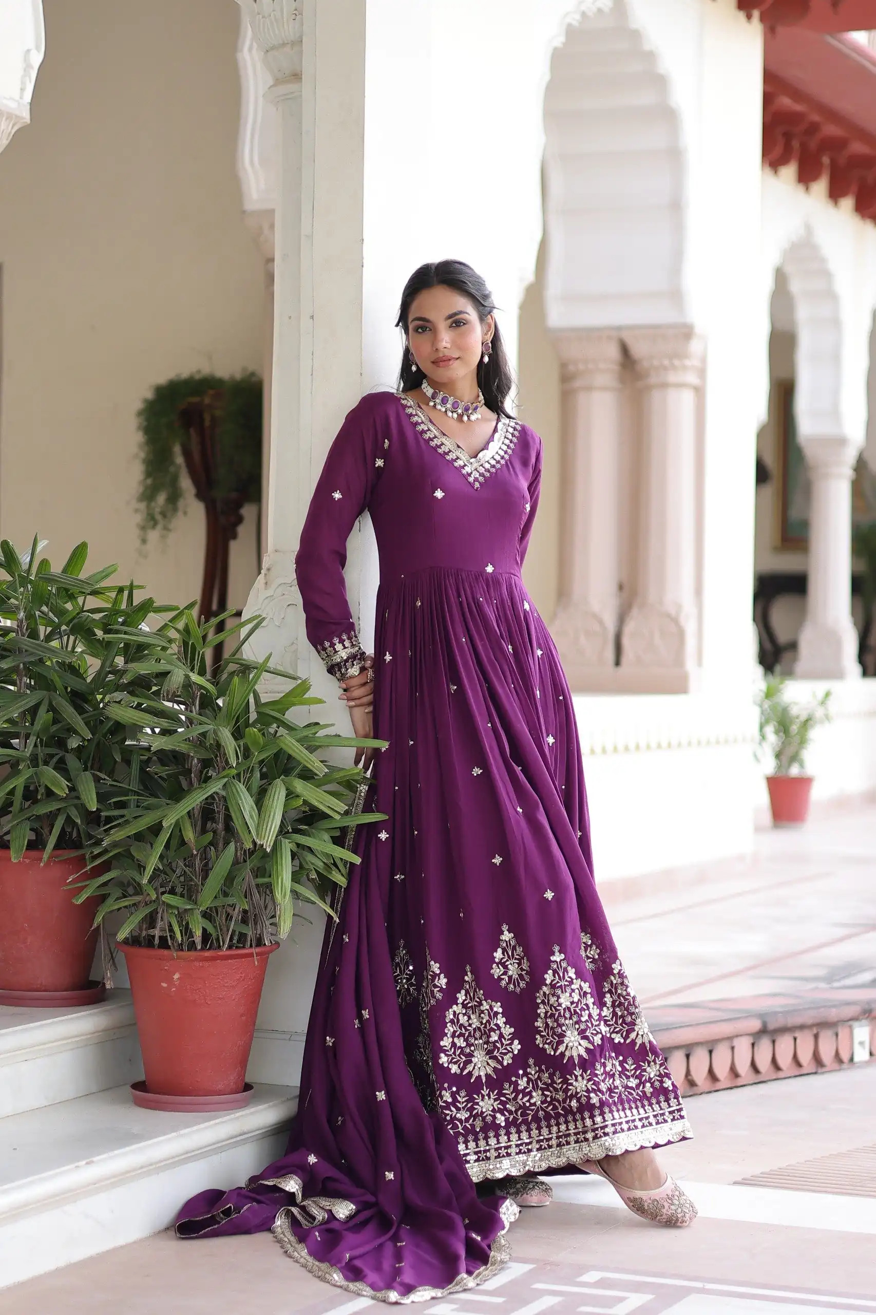 KA 1214 Purple Vichitra Silk Gown Perfect for Wedding, Party, Lohri, Onam, Festival Celebrations – . Grab it for ₹2449. Delivery 4-6 Working Days. | Gowns, Bollywood Gowns, Creative Gowns, Designer Gowns, Embroidered Gowns, Party Wear Gowns
