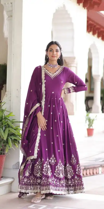 KA 1214 Purple Vichitra Silk Gown Perfect for Wedding, Party, Lohri, Onam, Festival Celebrations – . Grab it for ₹2449. Delivery 4-6 Working Days. | Gowns, Bollywood Gowns, Creative Gowns, Designer Gowns, Embroidered Gowns, Party Wear Gowns