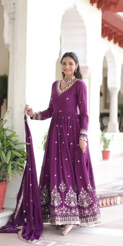 KA 1214 Purple Vichitra Silk Gown Perfect for Wedding, Party, Lohri, Onam, Festival Celebrations – . Grab it for ₹2449. Delivery 4-6 Working Days. | Gowns, Bollywood Gowns, Creative Gowns, Designer Gowns, Embroidered Gowns, Party Wear Gowns