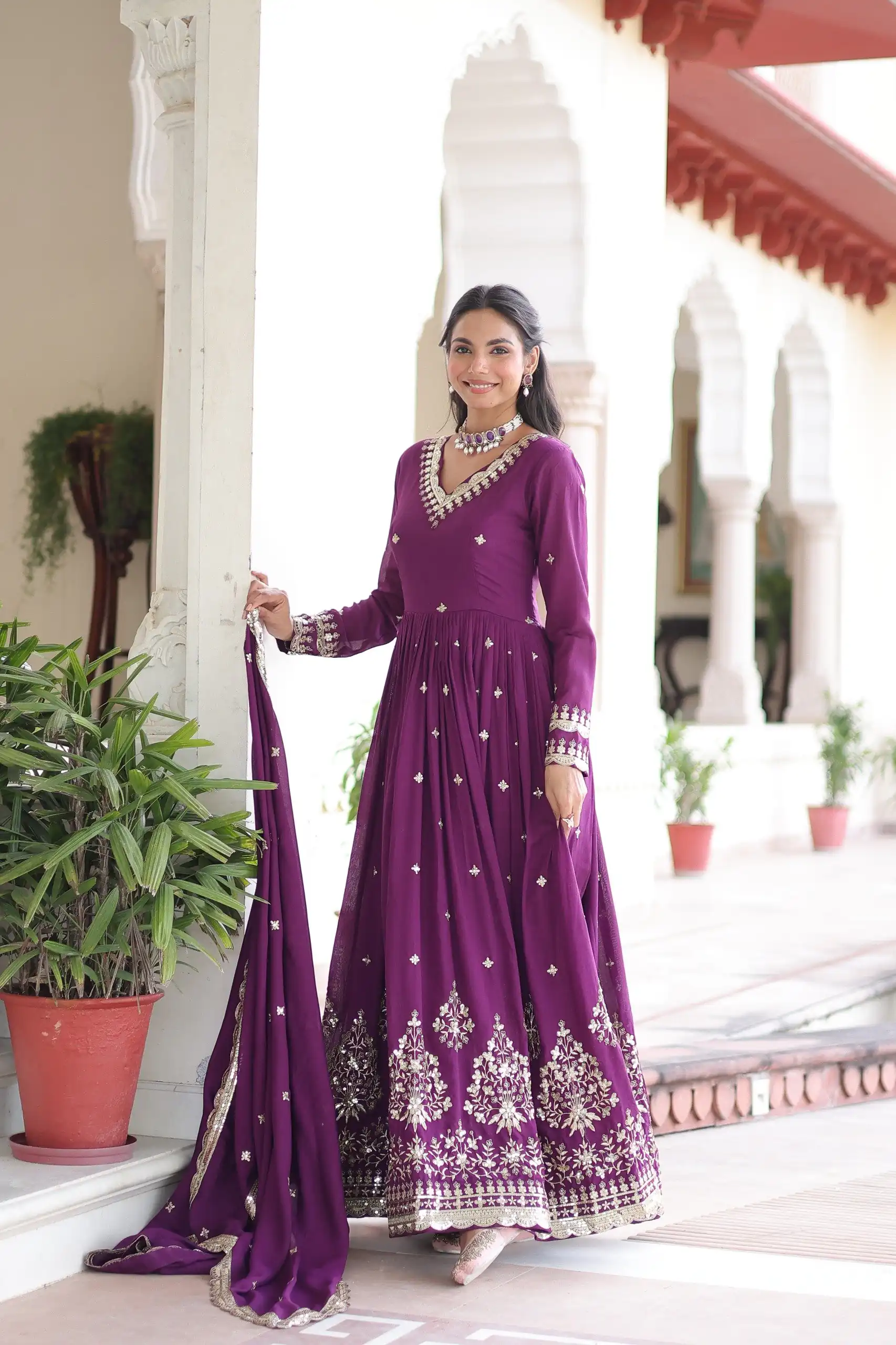 KA 1214 Purple Vichitra Silk Gown Perfect for Wedding, Party, Lohri, Onam, Festival Celebrations – . Grab it for ₹2449. Delivery 4-6 Working Days. | Gowns, Bollywood Gowns, Creative Gowns, Designer Gowns, Embroidered Gowns, Party Wear Gowns