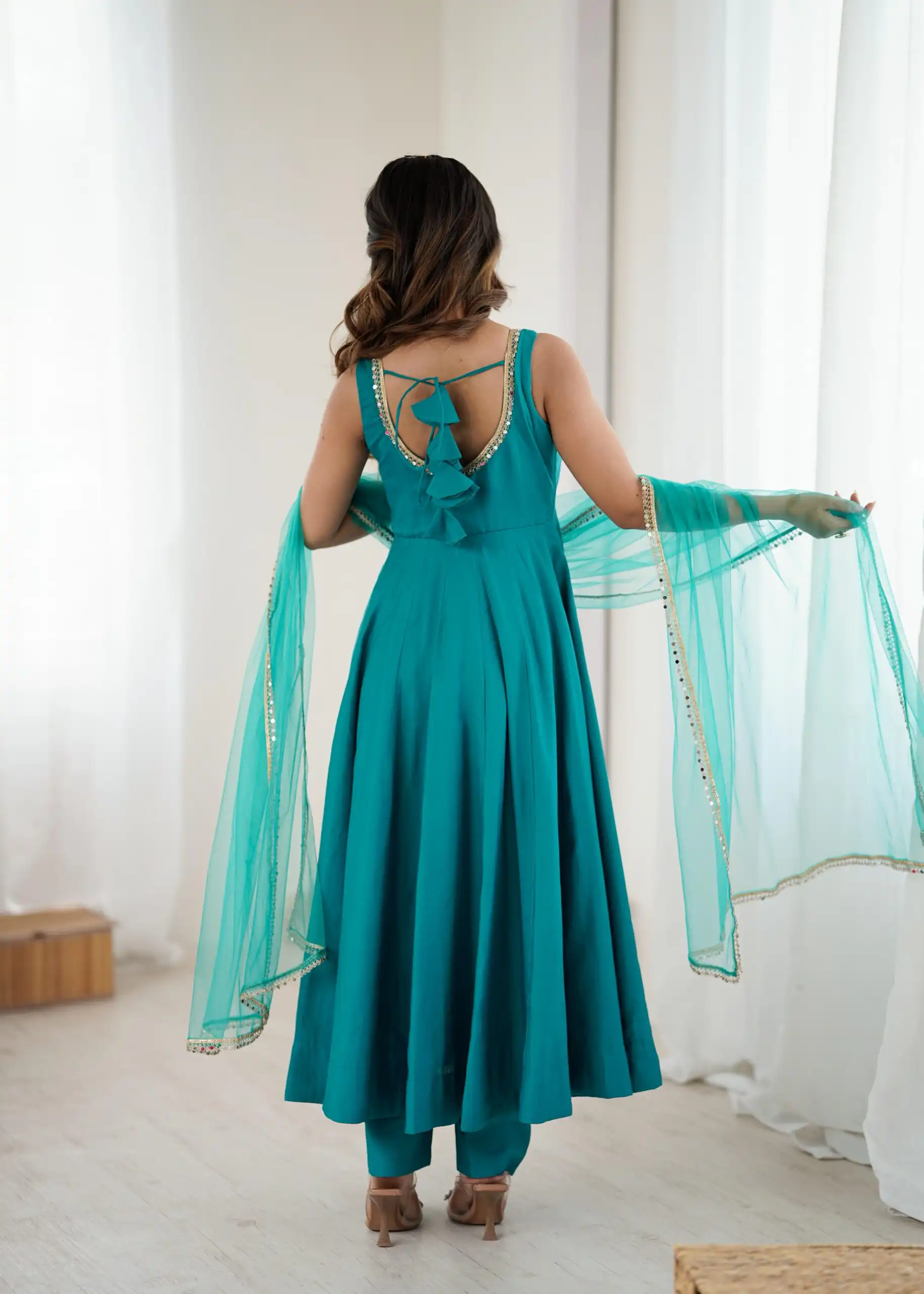 KB 285 Rama Color in Roman Silk Chanderi Mirror Work & Lace Work Gown . Best Price ₹1929. Delivery 4-6 Working Days. Shop now. | Gowns, Bollywood Gowns, Creative Gowns, Designer Gowns, Embroidered Gowns, Party Wear Gowns