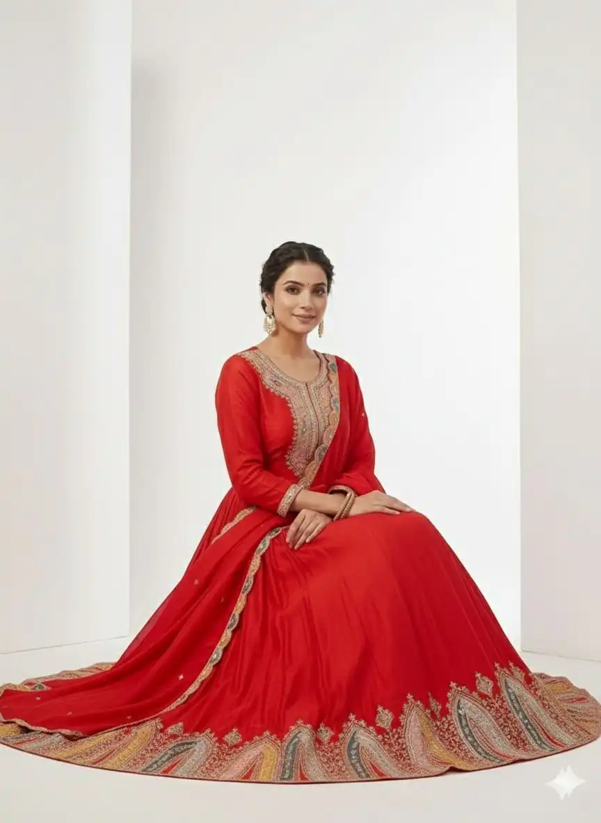 Red Chinon Silk Embroidery Work Salwar Suit - Image 3