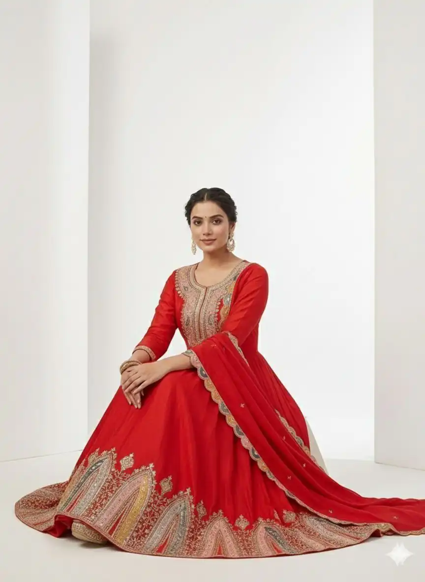 ZF 5002 Red Color Color Chinon Silk Salwar Suit with Embroidery Work. Festive Deal ₹2099. Delivery 4-6 Working Days. Shop now. | Casual Suits, Jump Suits, Tops & Bottoms, Track Suits, Salwar suit, Creative suits, Designer Suits, Palazzo Suits, Party Wear Suits, Patiala Suits, Straight Suits, Trendy Wear