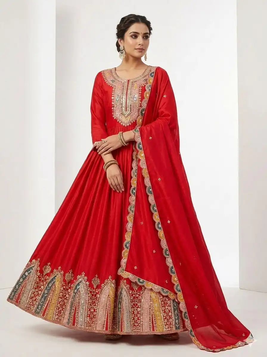Red Chinon Silk Embroidery Work Salwar Suit