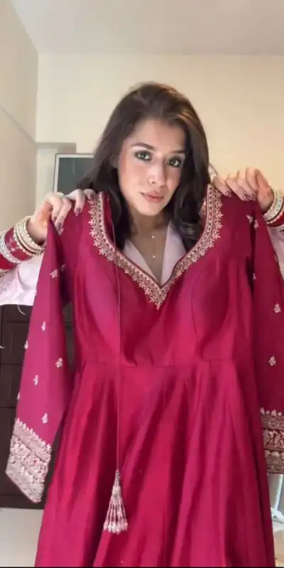 KD 1552 Red Chinon Silk Gown Perfect for Wedding, Party, Family Gatherings, Baisakhi, Baby Shower – . Grab it for ₹1999. Delivery 4-6 Working Days. | Gowns, Bollywood Gowns, Creative Gowns, Designer Gowns, Embroidered Gowns, Party Wear Gowns