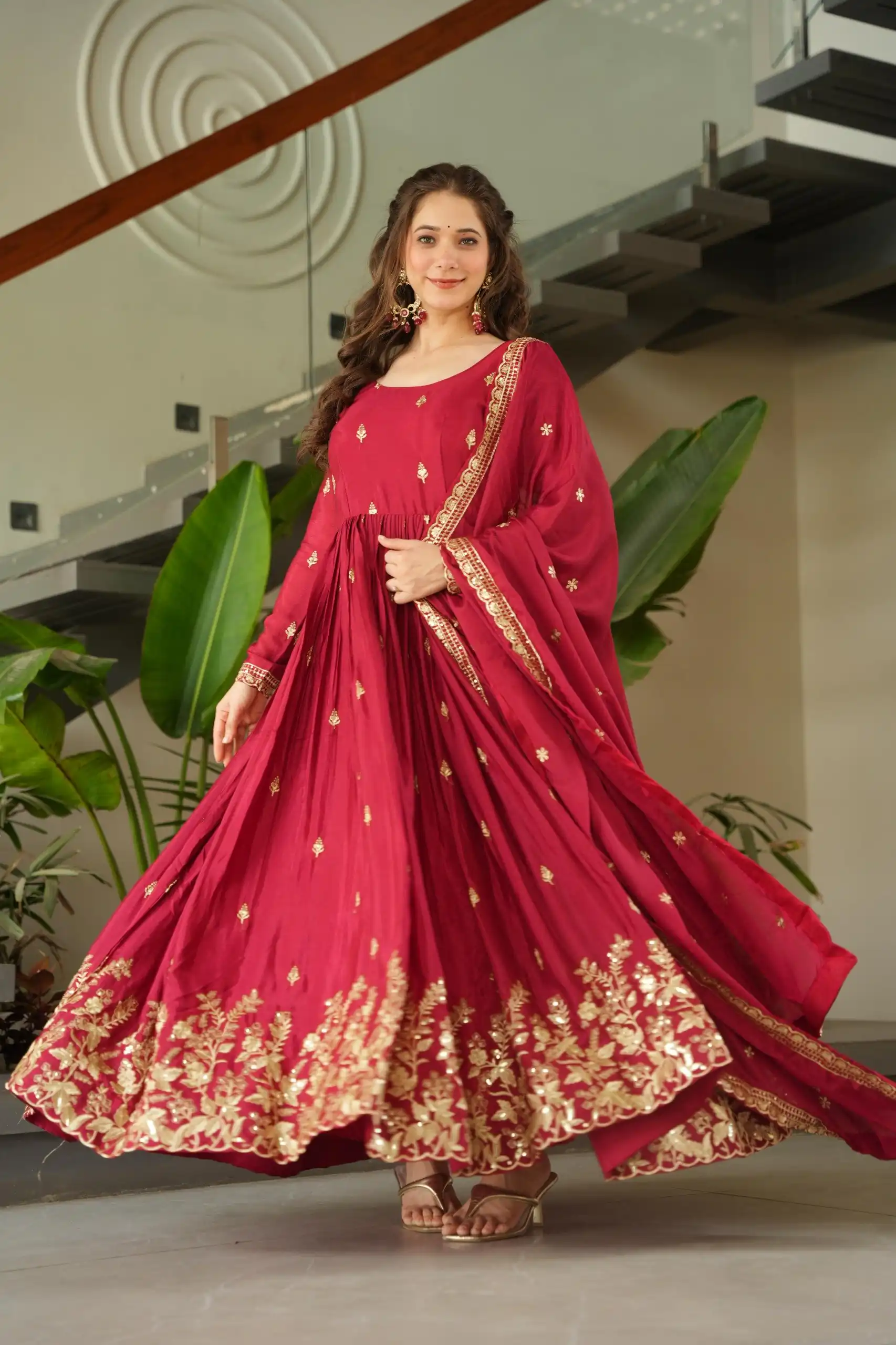 KA 1166 Red Color Chinnon Gown with Zari Work & Embroidery Work. Available at ₹2099 only. Delivery 4-6 Working Days. Shop now. | Gowns, Bollywood Gowns, Creative Gowns, Designer Gowns, Embroidered Gowns, Party Wear Gowns