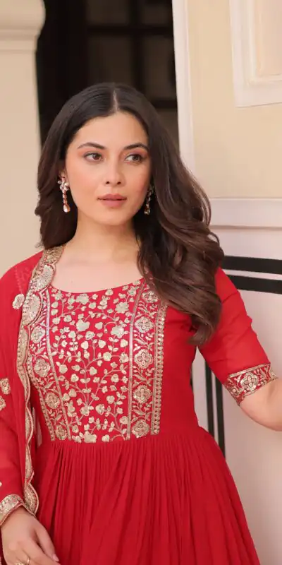 KA 1177 Red in Faux Blooming Embroidery Work & Zari Work Gown . Special Price ₹2049. Delivery 4-6 Working Days. Shop now. | Gowns, Bollywood Gowns, Creative Gowns, Designer Gowns, Embroidered Gowns, Party Wear Gowns