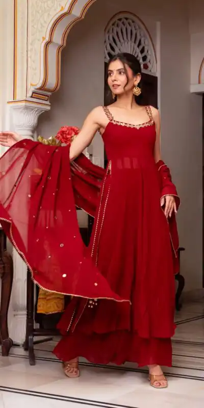 Red Faux Georgette Lace Mirror Work Salwar Suit