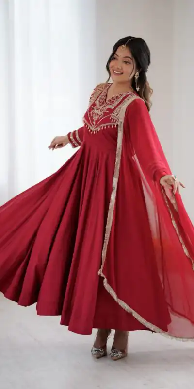 ZSR 3149 Red Roman silk Gown Perfect for Wedding, Party, Sangeet, Haldi, Lohri – . Introductory Price ₹2099. Delivery 4-6 Working Days. Shop now. | Gowns, Bollywood Gowns, Creative Gowns, Designer Gowns, Embroidered Gowns, Party Wear Gowns